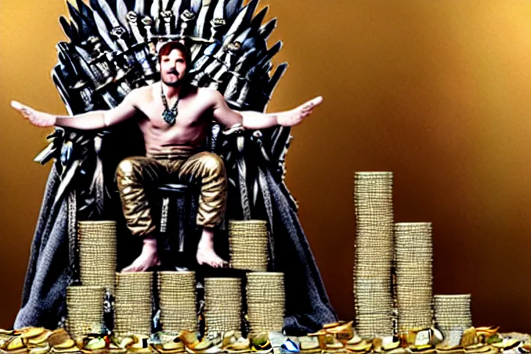 Image similar to man sitting, on a throne made of money, coins and dollars, in the style of game of thrones