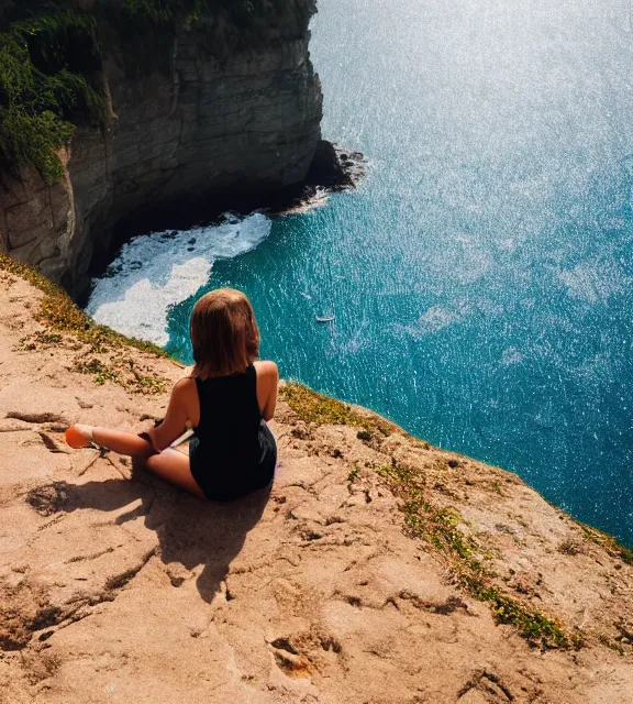 Image similar to a girl sitting on a cliff overlooking a beach