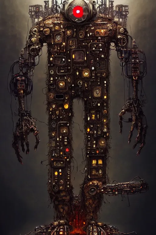 Image similar to A photo of a robot monster cyborg made of circuits wide view shot by ellen jewett , tomasz alen kopera and Justin Gerard, symmetrical features, ominous, magical realism, texture, intricate, ornate, royally decorated, android format, windows, many doors, roofs, complete house , whirling smoke, embers, red adornments, red torn fabric, radiant colors, fantasy, trending on artstation, volumetric lighting, micro details, 3d sculpture, ray tracing, 8k