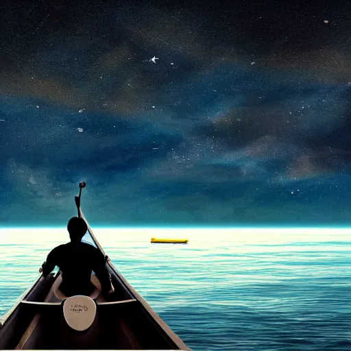 Image similar to A man rowing a boat through space, there are stars all around, photorealistic.