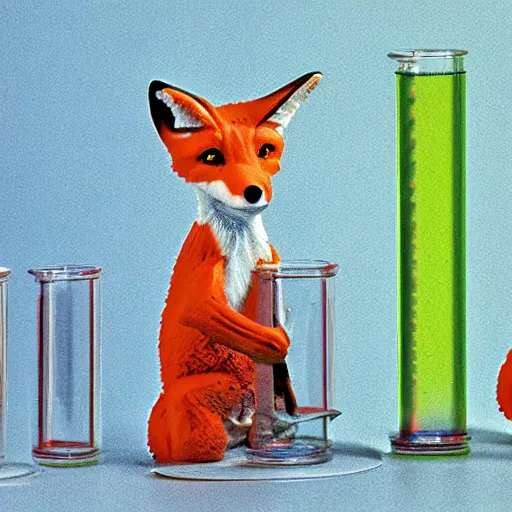 Image similar to Quadruped Fox in a lab coat, conducting experiments with strange coloured fluids in test tubes