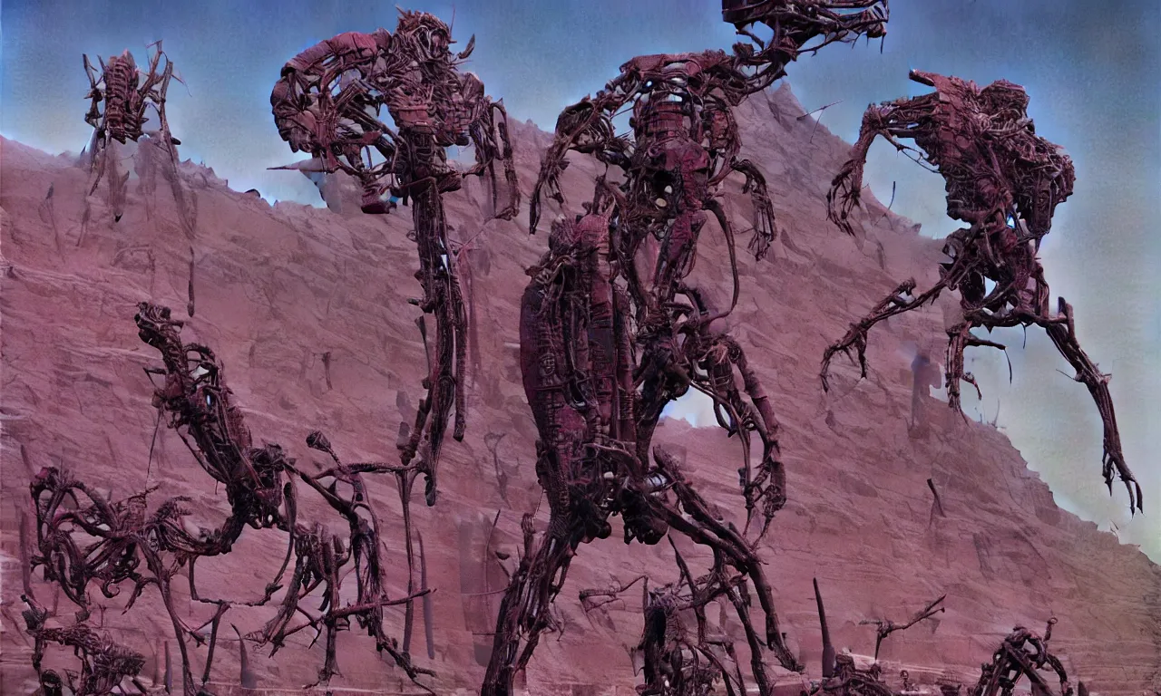 Image similar to painting by wayne barlowe. juxtaposition of man and machine