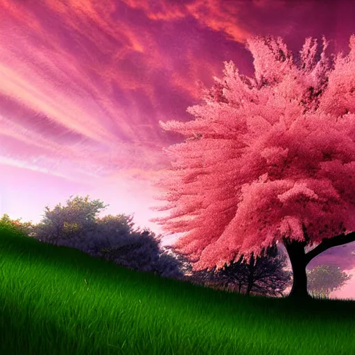 Prompt: A sakura tree on a hill, digital art, pink sunset