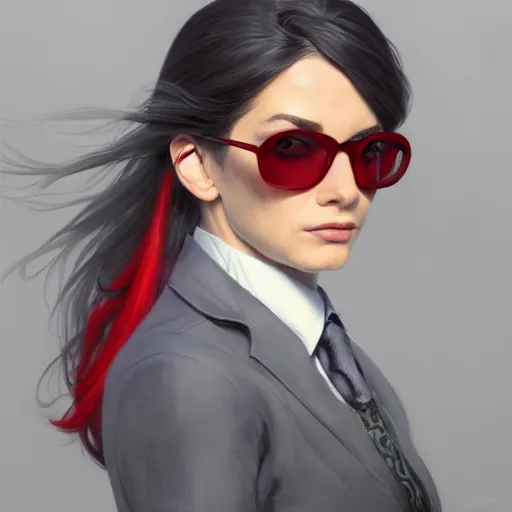 Prompt: a girl wearing a business suit, grey hair, red necktie, sunglasses, cinematic, stunning, highly detailed, digital painting, artstation, smooth, hard focus, full body shot, illustration, art by artgerm and greg rutkowski and alphonse mucha