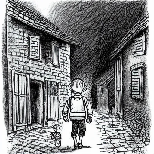 Image similar to rich detailed pencil drawing of little nicholas walking along a lonely village street, by jean - jacques sempe, by rene goscinny