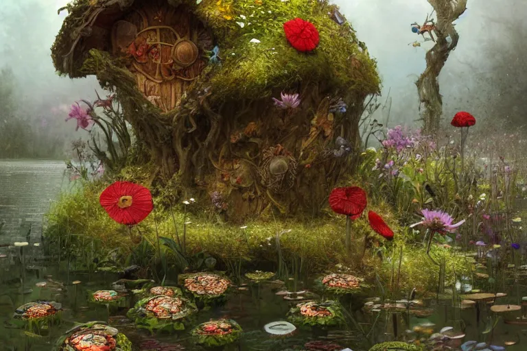 Prompt: wide angle view, a beautiful digital painting of a fairy house made of mushroms in a lake, flowers, beautiful tranquil day, by greg rutkowski, brian froud, peter mohrbacher, jean - baptiste monge, and alphonse mucha, symmetry, complementary colors, ink illustration, trending on artstation