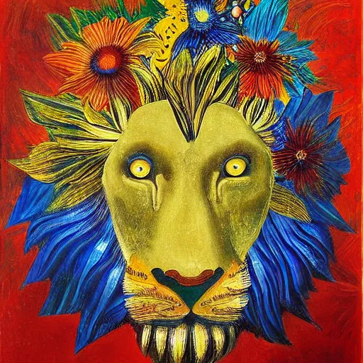 Prompt: decalcomania lion and flowers, beautiful art by max ernst,