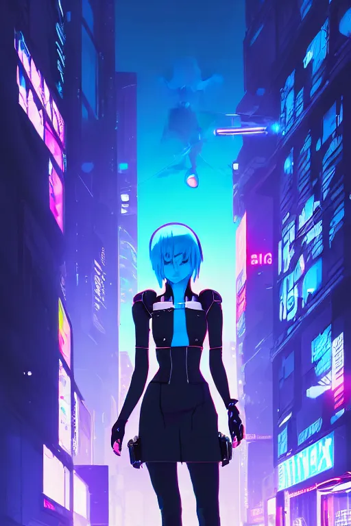 Prompt: digital illustration of cyberpunk pretty girl with blue hair, wearing a black ominatrix outfit, in city street at night, by makoto shinkai, ilya kuvshinov, lois van baarle, rossdraws, basquiat