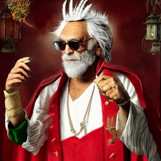 Prompt: stoner King Tommy Chong wears a doublet whilst wearing a red velvet cape and OG Kush Indica cannabis crown alexanre benois edward julius detmold jehan choo jeff simpson raphael lacoste guillem h. pongiluppi grisaille