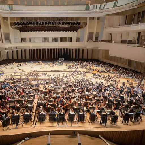 Prompt: The flooded concert hall is floating with various musical instruments by reg rutkowski and Hans Frederick Gude