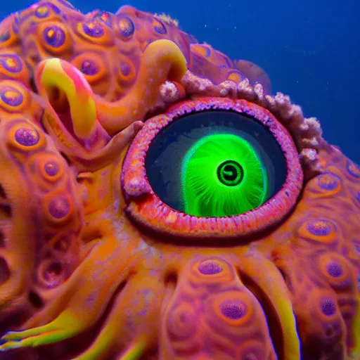 Prompt: hypercolor octopus eye emerging from the coral
