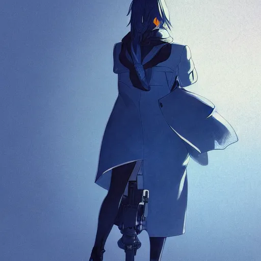 Prompt: low - angle shot from behind of a girl with light blue straight hair in a blue tailcoat, combat boots, noir, sharp focus, intricate, illustration, cell shaded, digital painting, highly detailed, art by greg rutkowski, studio quality, makoto shinkai, james jean