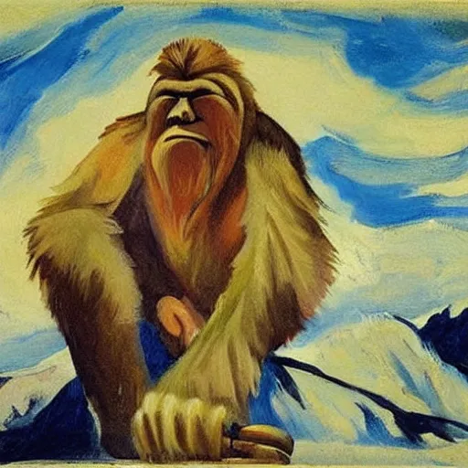 Prompt: bigfoot smoking meth from meth pipe, billowing smole, painted by zinaida serebriakova