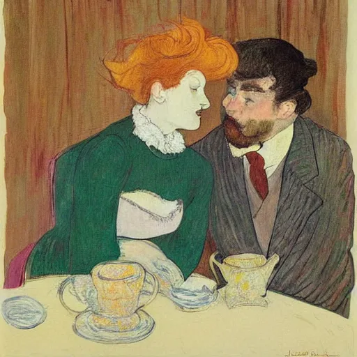 Prompt: classical by henri de toulouse - lautrec, by w. heath robinson ecstatic. a painting of two people, a man & a woman, sitting at a table. the man is looking at the woman with interest. the woman is not interested in him. there is a lamp on the table between them.