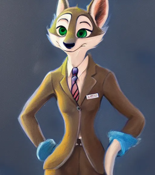 Image similar to oil painting of full body of anthromorphic female wolf, in style of zootopia, zootopia, zootopia, fursona, furry, furaffinity, 4 k, deviantart, furry art, fursona art, wearing black business suit, business suit, in style of zootopia, wolf fursona, cyberpunk, female, expressive detailed feminine face,