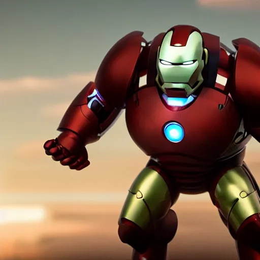Prompt: award winning still from animated film of the year 2025 entitled \'Morbidly obese ironman has trouble flying\', DSLR PHOTO