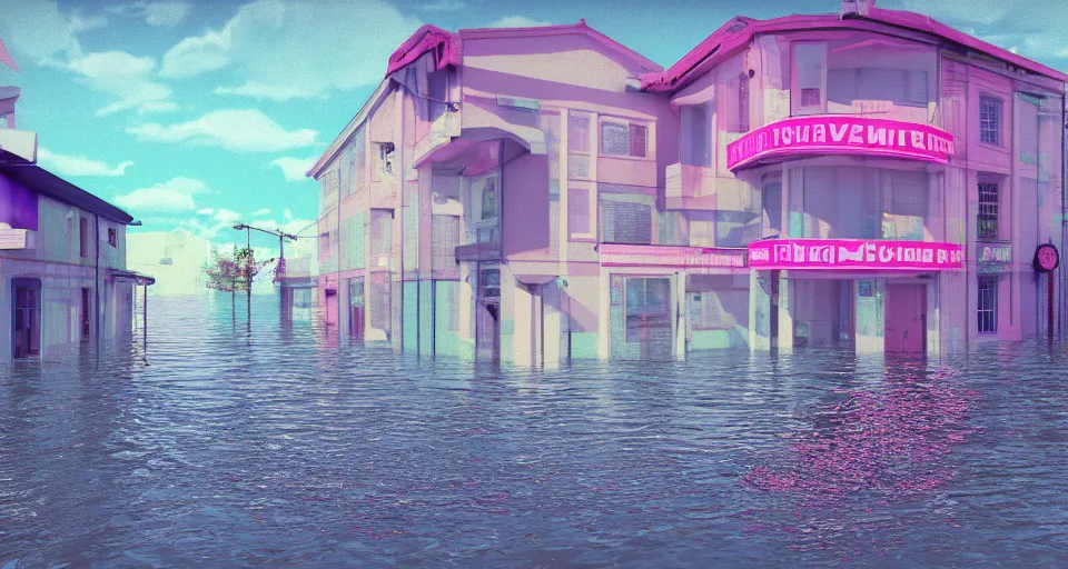 Image similar to 80s vaporwave outrun 3d Render of a german town being flooded, liminal space retro, grainy, noisy, early 90s cgi