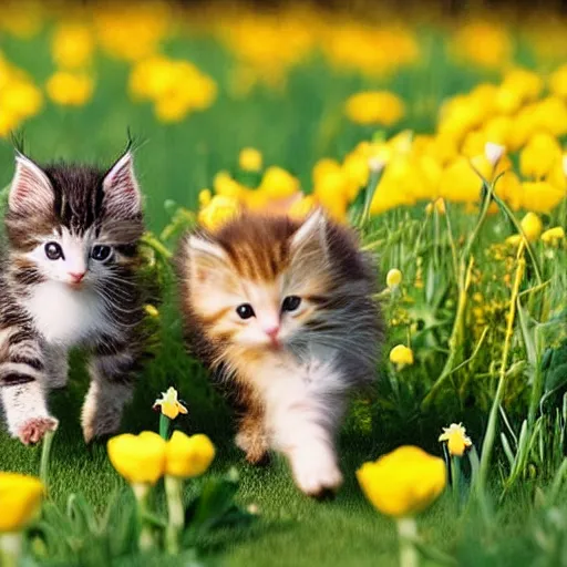 Prompt: photo of cute fluffy baby kittens chasing a cute yellow baby duck in a field of flowers, award - winning photograph, national geographic, perfect lighting