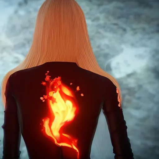 Image similar to beautiful young blonde woman from behind with flames in her hands during the end of the world, high detail, realistic, symmetrical face, art by unreal engine 5 art