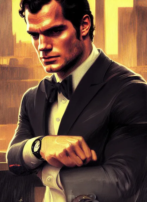 Image similar to portrait of henry cavill as james bond, casino, rain, aston martin, havana, highly detailed, digital painting, artstation, concept art, cinematic lighting, sharp focus, illustration, by gaston bussiere alphonse mucha