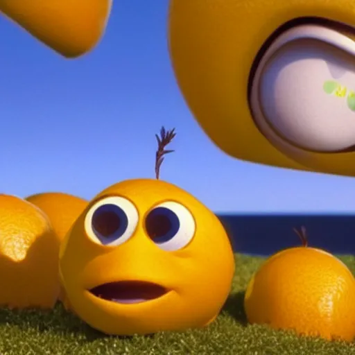 Image similar to a cinematic film still from a 2022 Pixar movie about anthropomorphic lemons, in the style of Pixar, shallow depth of focus