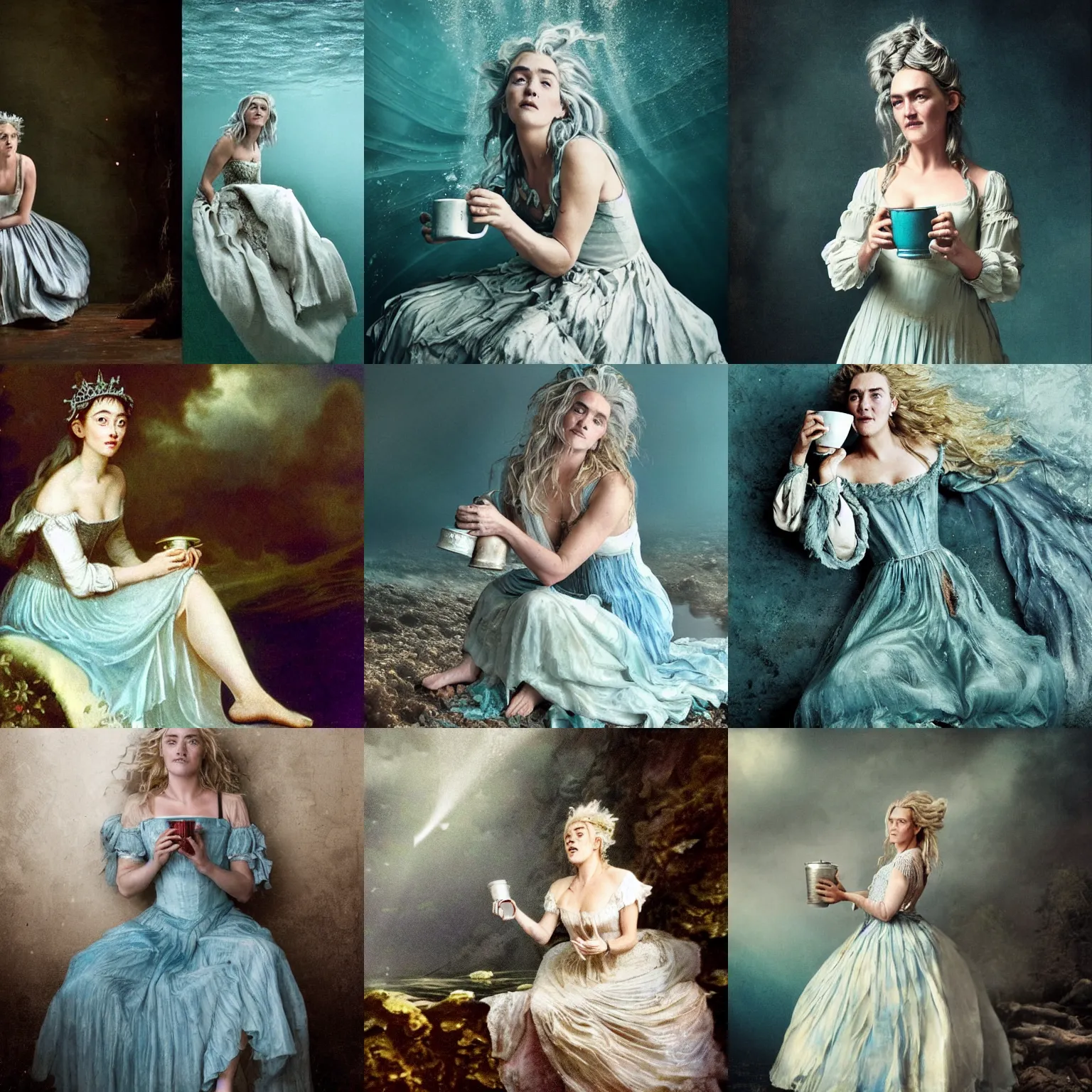 Image similar to A 18th century, messy, silver haired, (((mad))) elf princess (Kate Winslet), dressed in a ((ragged)), wedding dress, is ((drinking a cup of tea)). Everything is underwater and floating. Greenish blue tones, theatrical, (((underwater lights))), high contrasts, fantasyconcept art, inspired by John Everett Millais's Ophelia