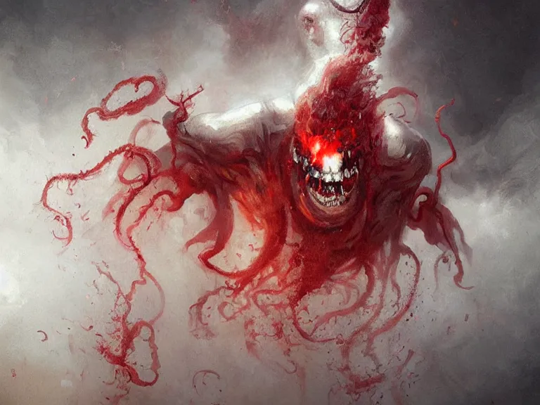 Image similar to painting by greg rutkowski of a flying human head with tears running down it's face face that is chalk white in color, with tentacles coming of the neck, fiery scorching red eyes, flying in a terrying hell like cavernous place