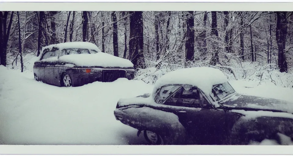 Image similar to vintage polaroid photograph of a car in a snowy forest