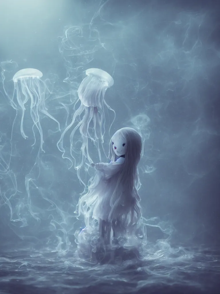 Image similar to cute fumo chibi plush beautiful ectoplasmic gothic skeletal jellyfish ghost girl, glowing milky wisps of hazy smoke and volumetric fog on a stormy reflective river, lens flare, subsurface scattering, vignette, asymmetry, bokeh, refraction, vray