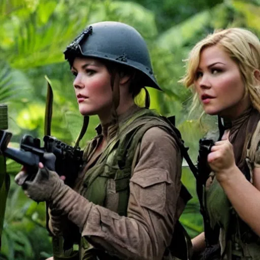 Image similar to elisha cuthbert and mary elizabeth winstead as a commandos in a jungle battlefield