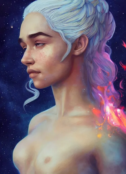 Image similar to cosmic lofi daenerys targaryen portrait, queen of dragons, fire flaming serpent, au naturel, hyper detailed, digital art, trending in artstation, cinematic lighting, studio quality, smooth render, unreal engine 5 rendered, octane rendered, art style by klimt and nixeu and ian sprigger and wlop and krenz cushart.