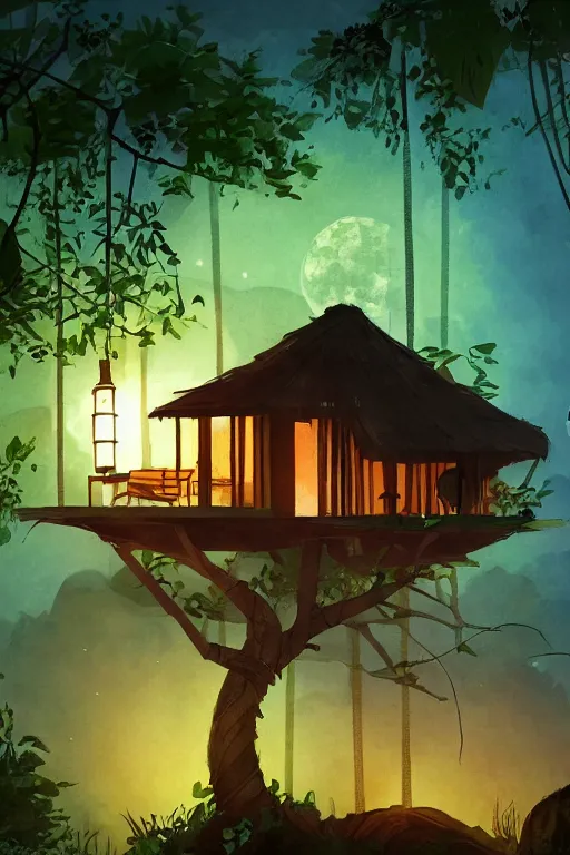 Image similar to a tree house with warm light through the window in the jungle, moonlight, night, by alba ballesta gonzalez. 4 k wallpaper, digital flat 2 d, japan animation, comic book, illustration, cinematic lighting, smooth sharp focus.