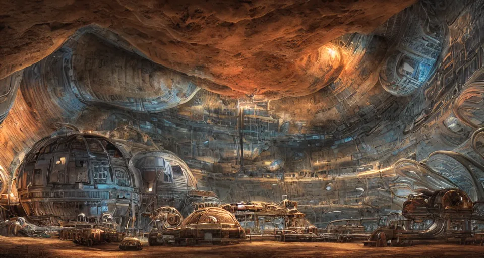 Prompt: a gigantic cave interior with bulbous planetarium interior of the matrix nebuchadnezzar biomechanical gieger, 3d rendered steampunk, iron smelting pits, high tech industrial and maschinen krieger, warm saturated colours, mri machine millennium falcon space-station Vuutun Palaa with massive piping inspired by a nuclear reactor submarine, ilm, beeple, star citizen halo, mass effect, starship troopers, elysium