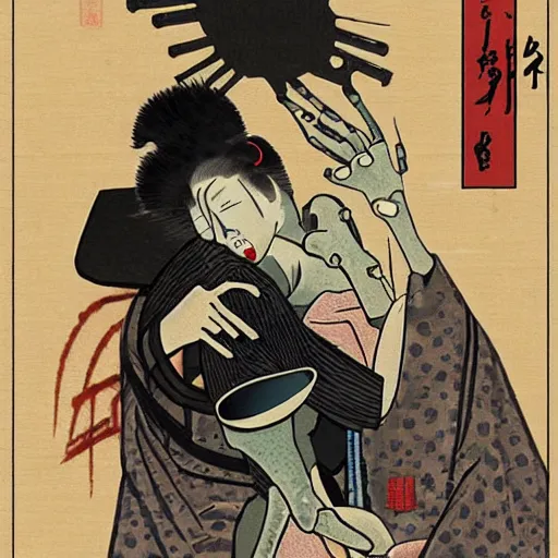 Image similar to a robot and a zombie hugging, shunga style, ukiyo - e art, artstation