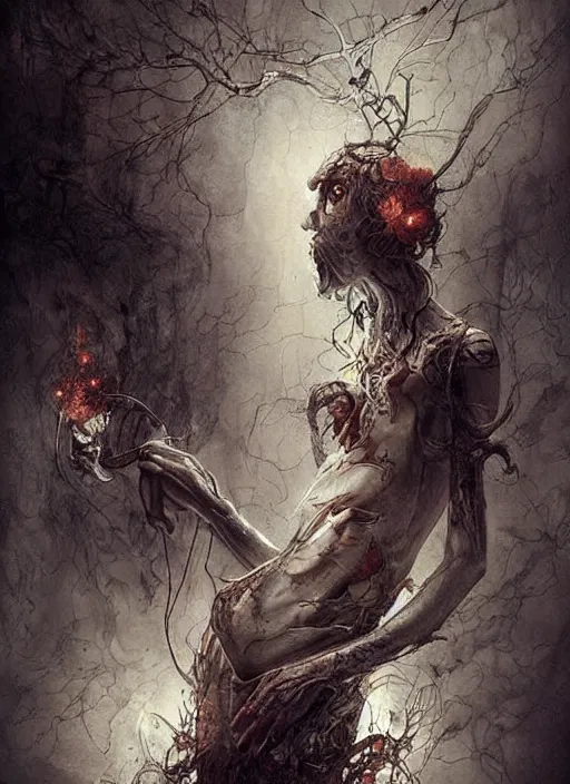 Prompt: a horror tarot card design with intricate details of soul leaving the body in smokes :: bastien lecouffe deharme