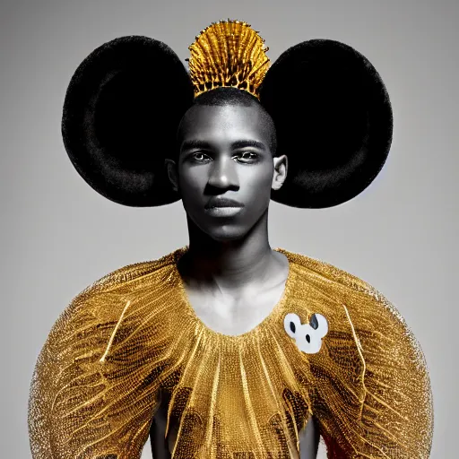 Prompt: a beautiful young haitian male wearing iris van herpen mickey mouse couture, photographed by erwin olaf