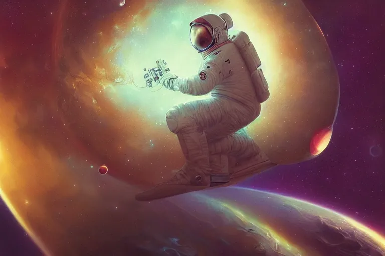 Prompt: ultra realistic digital painting of an astronaut floating in space, by greg rutkowski and artgerm, detailed, intricate, sharp focus, symmetry, sci - fi, fantasy, neon lights, galaxies, stars, space, realism, artstation, cinematic lighting, portrait, trippy, psychedelic art