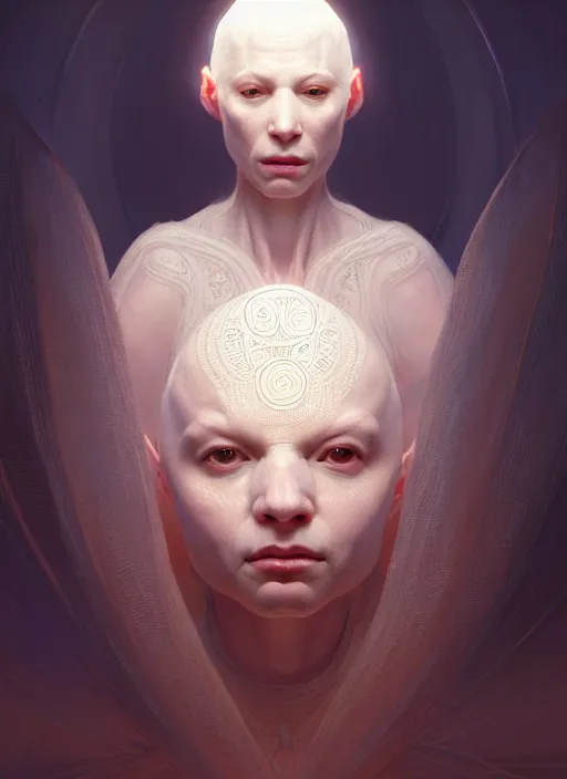 Image similar to portrait of an albino bald sick oracle, ancient oracle, intricate, elegant, glowing lights, highly detailed, digital painting, artstation, concept art, smooth, sharp focus, art by wlop, mars ravelo and greg rutkowski