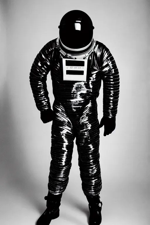 Image similar to full - length portrait of black male in a space suit, fashion studio lightning, 3 5 mm