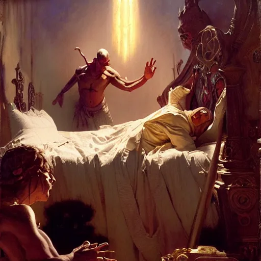 Image similar to the pope is in his bed, nervous and terrified, because a double horned shadow figure from hell is attacking him. highly detailed painting by gaston bussiere, j. c. leyendecker, greg rutkowski, craig mullins 8 k