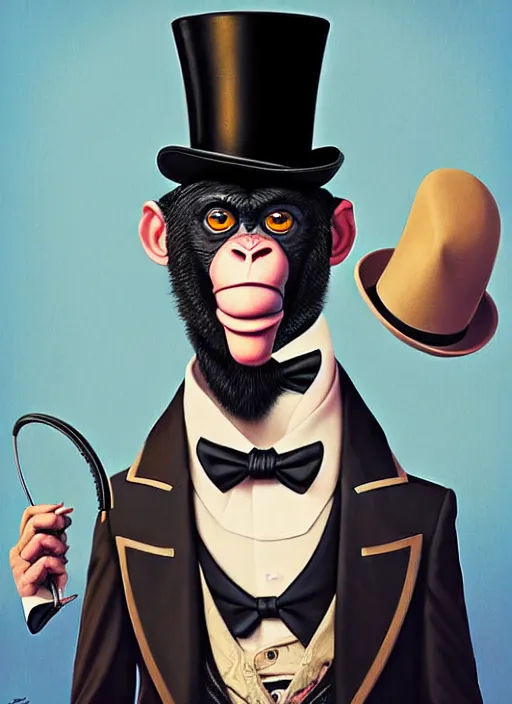 Prompt: an anthropomorphic monkey in a fancy suit and a top hat, pixar style by tristan eaton, artgerm, tom bagshaw