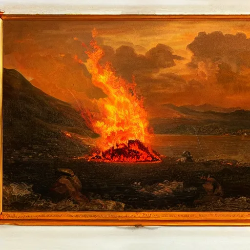 Image similar to an island burning in hellfire, landscape, detailed