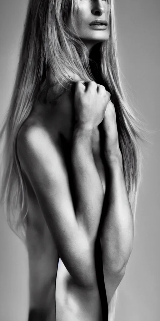 Image similar to fashion photography of carolyn murphy with symmetrical features and beautiful, flowing long blonde hair with a disdainful and arrogant expression, dark minimal outfit, photo 3 5 mm leica, hyperdetail, berghain, 8 k, very detailed, photo by nick knight