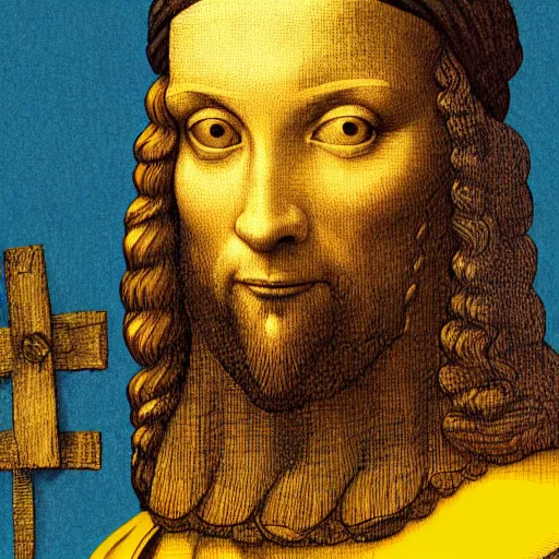 Image similar to blue and yellow illustration portraying leonard da vinci