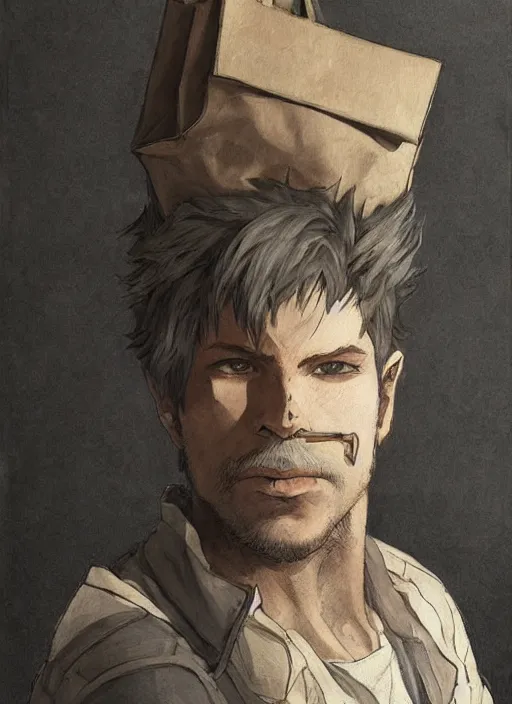 Image similar to a portrait of man with paperbag! on head, an ultrafine detailed painting, detailed painting, boris valejo. octopath traveler