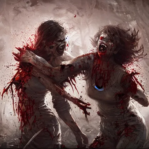 Image similar to two angry zombie girls attacking each other, intricate, art by greg rutkowski, high detailed, 4 k,