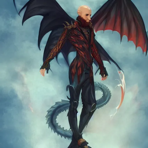 Image similar to full body anime style human in dragon form, bald, fire beard. fantasy style. very punk / alt aesthetic. wings and tail, a highly detailed, digital painting, artstation, concept art, matte, sharp focus, illustration, art by artgerm and greg rutkowski