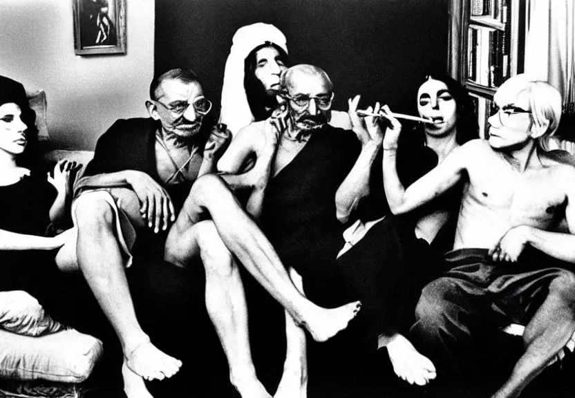 Image similar to smoke session for the ages: Gandhi , Obama, Jesus, And Lady GaGa smoking a fat blunt on a sofa by Andy Warhol, photograph