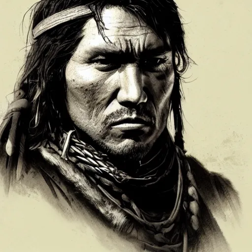 Image similar to portrait of a native american warrior of the old west, drawn by ruan jia, concept art, red dead redemption, django, weird west, deadlands, dramatic lighting, digital art, 8 k, extremely detailed