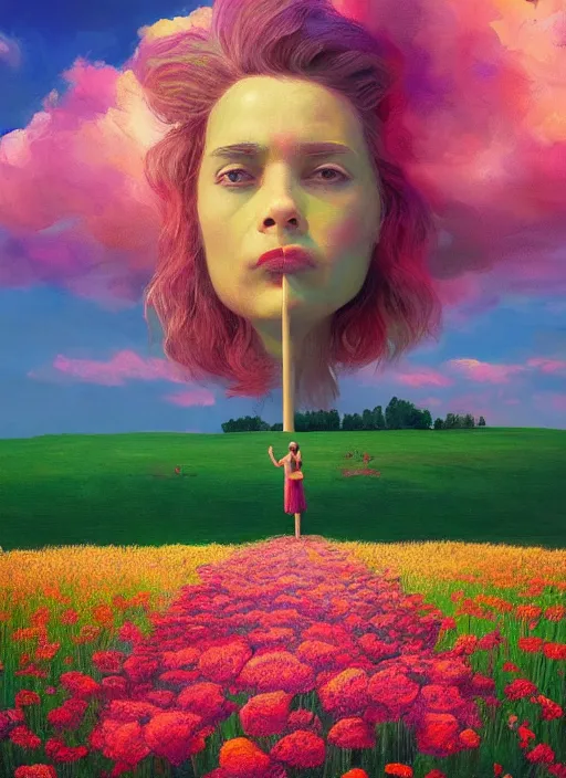 Image similar to portrait of a woman, face made of giant carnation, flower field, surreal photography, sunset dramatic light, impressionist painting, colorful clouds, large sky, digital painting, artstation, simon stalenhag